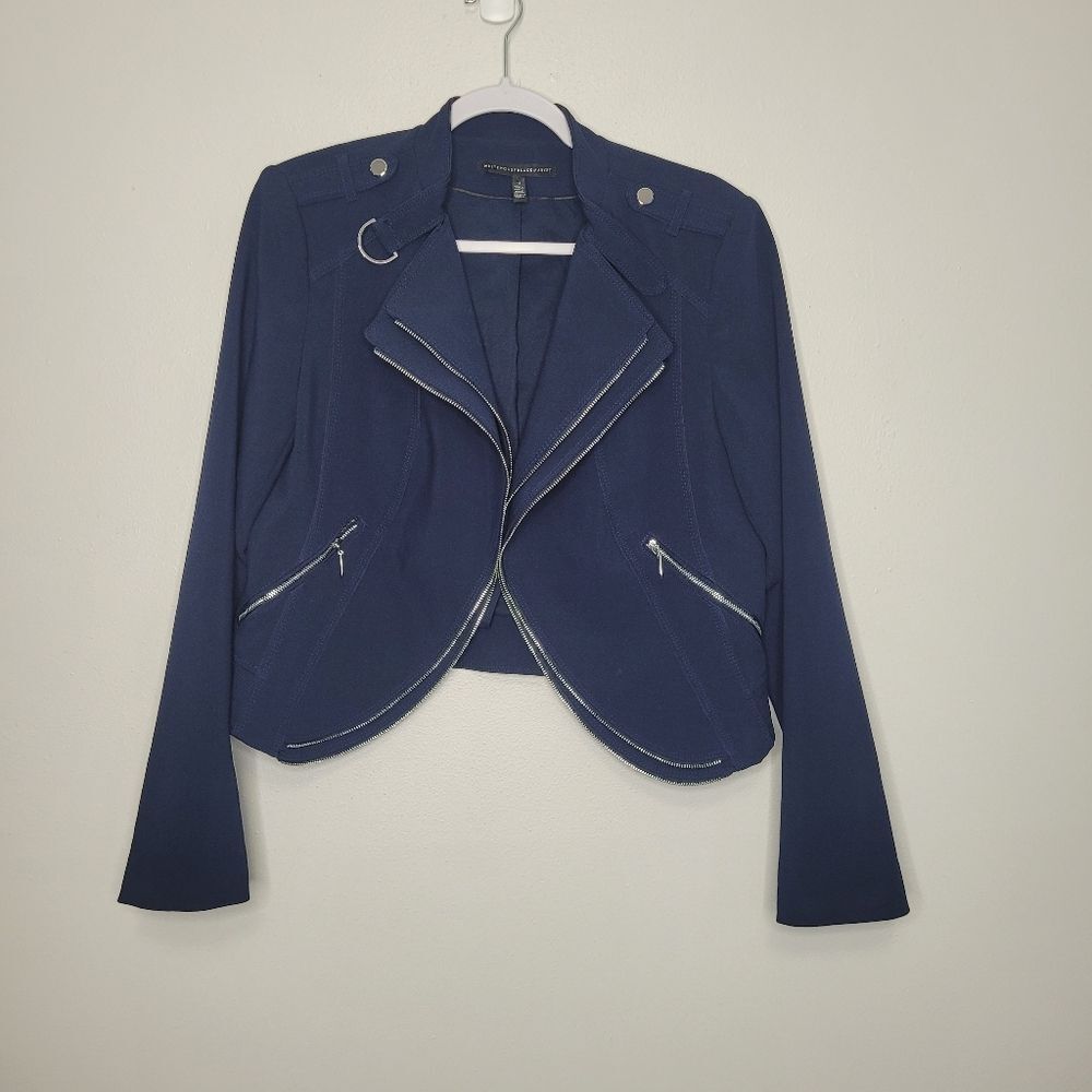 White House Black Market navy blue moto cropped military blazer size 12